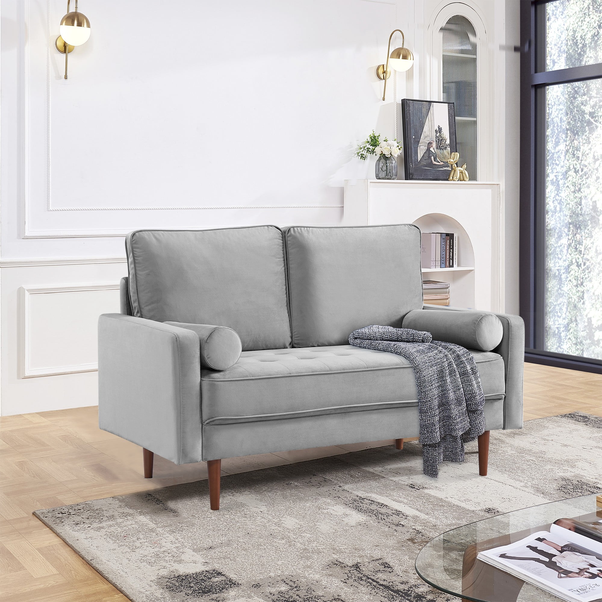 57 Inch Grey Velvet Loveseat with Bolster Pillows