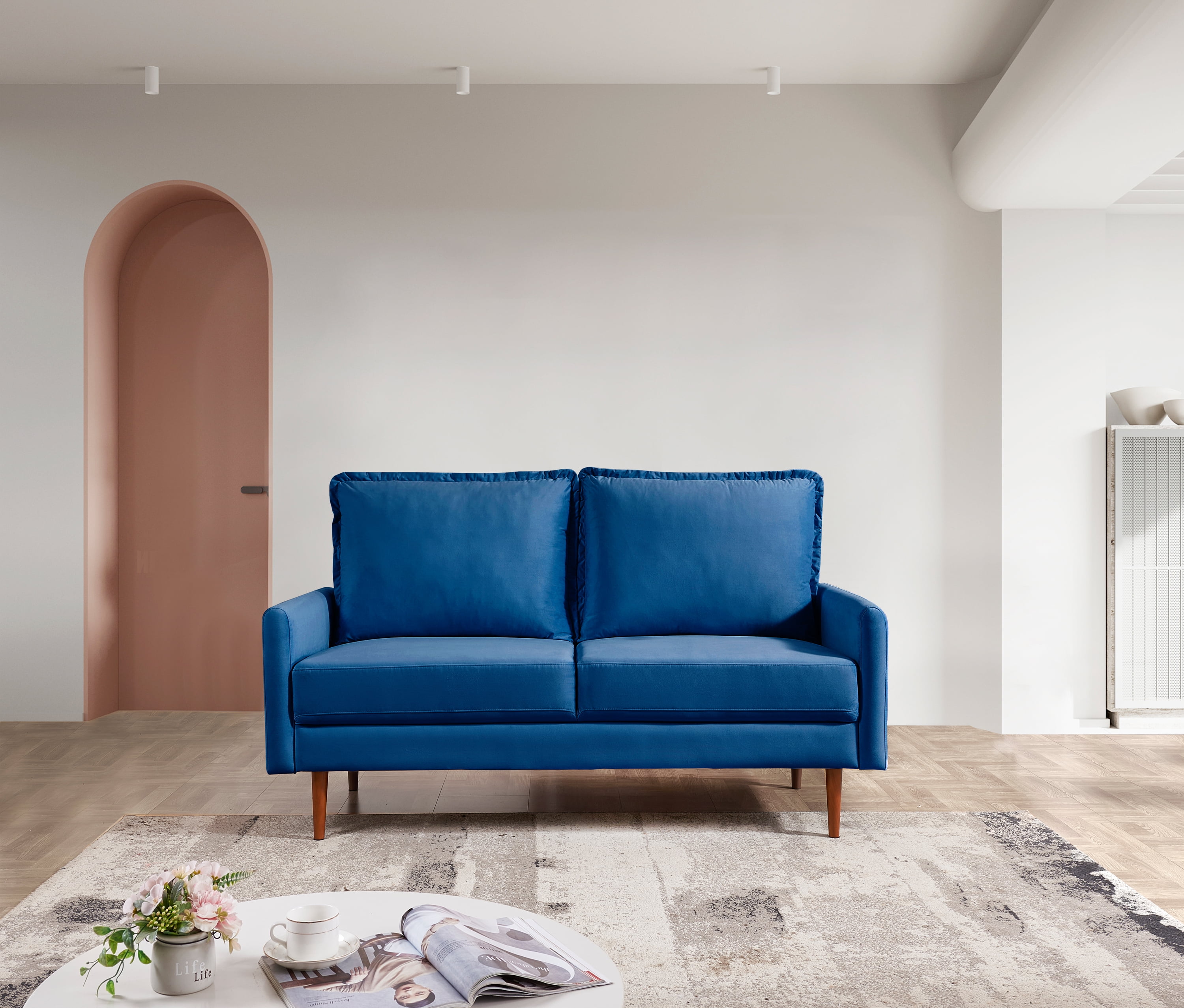 57 Inch Blue Velvet Loveseat with Solid Wood Legs