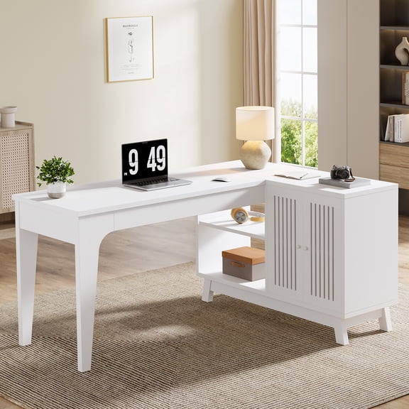 57" L-Shaped Corner Desk with Storage Cabinet, Wooden Home Office Computer Desk, Study or Writing Table with Shelves