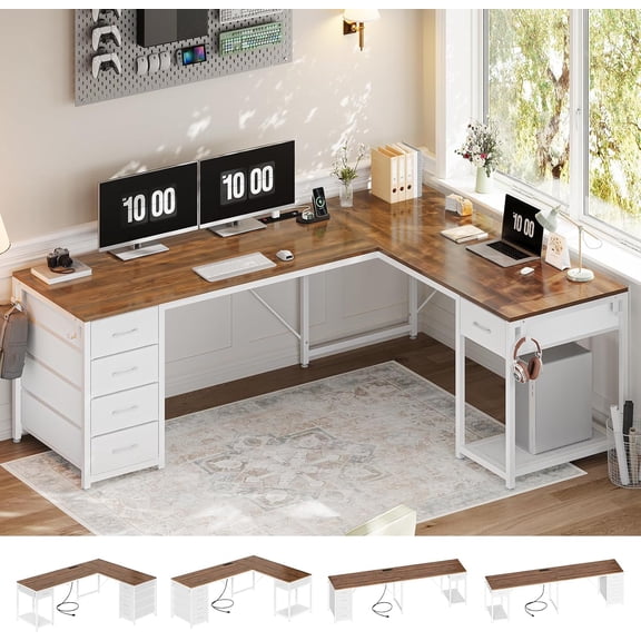 57" L Shaped Desk with 5 Drawers, Reversible Computer Corner Desk with Storage & Power Strip for Home Office, 78.7" Long 2 Person Desk, Brown+White