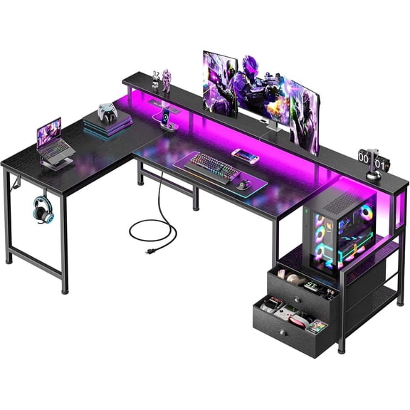 57'' L-Shaped Gaming Desk with Storage Drawers, Power Outlets, LED Lighting & Monitor Riser