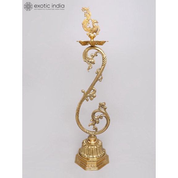 57" Large Designer Brass Peacock Lamp with Stand | Handcrafted Temple Decor