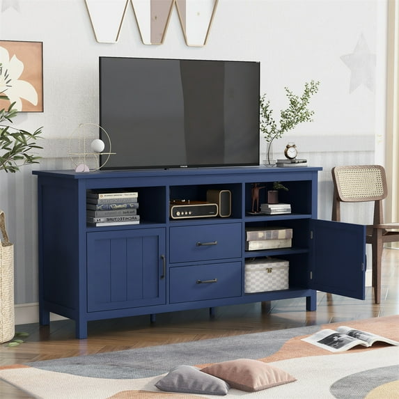 57" Length TV Stand Mid Century Modern TV Stand, Navy TV Stand with 2 Doors and 2 Drawers, Space Saver Rectangle TV Stand with 3 Open Shelves, Sideboard for Living Room
