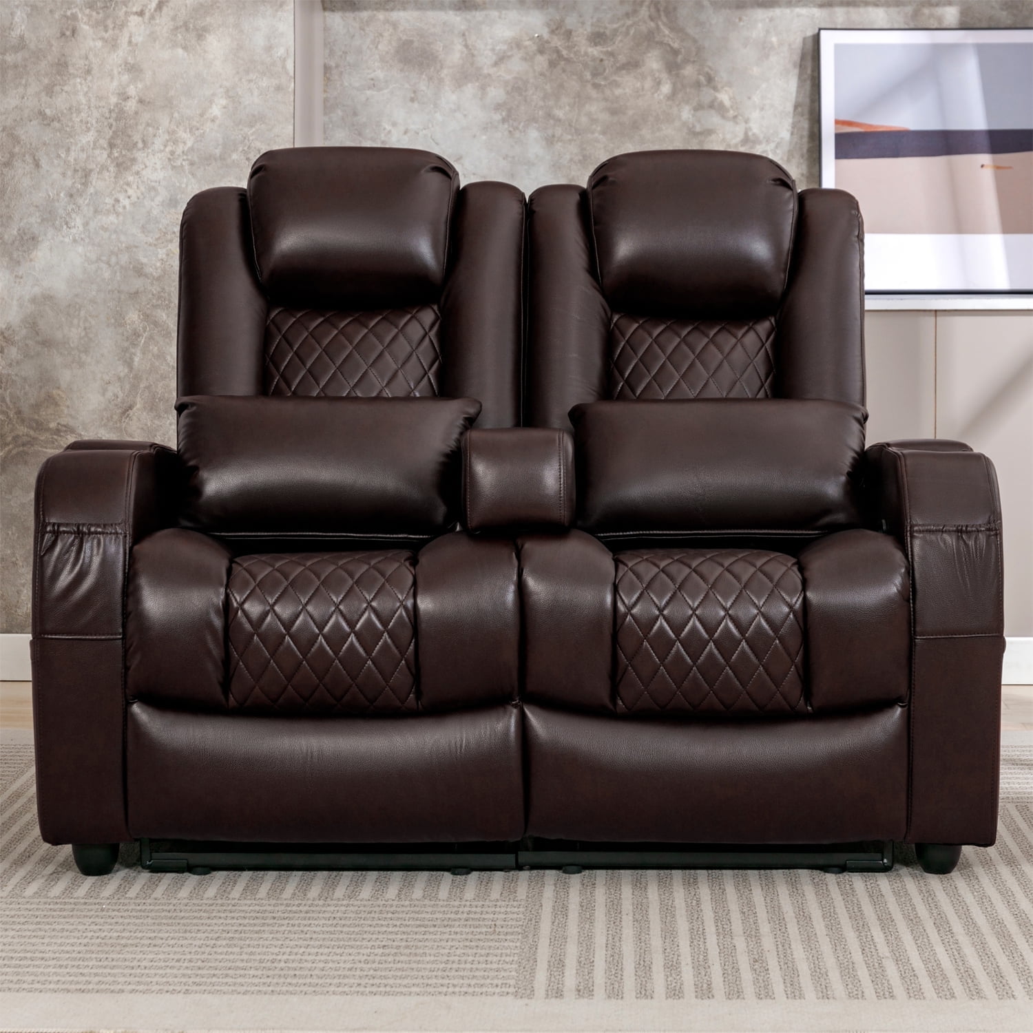 57" Loveseat Recliner, Recliner Sofa with 3 Cup Holders and 2 Pillows, Wall Hugger Recliners & 135° Reclining Loveseat (Brown PU Leather Furniture)
