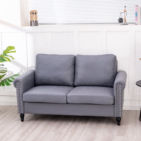 57 Loveseat Sofa,2 Seat Couch with Faux Leather Fabric,Small Couches for Small Spaces with Solid Wood Legs,Comfy Love Seat Sofa for Living Room,Bedroom,Apartment(Gray)