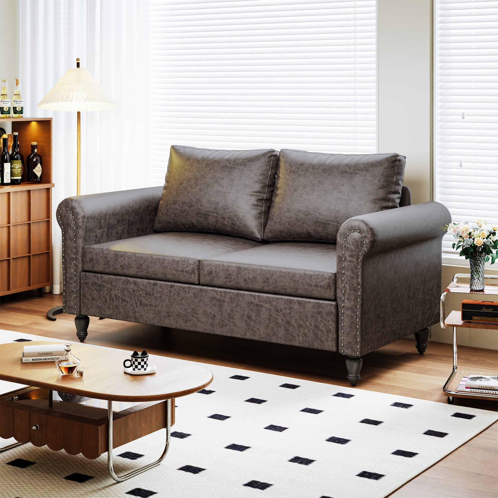 57 Loveseat Sofa,2 Seat Couch with Faux Leather Fabric,Small Couches for Small Spaces with Solid Wood Legs,Comfy Love Seat Sofa for Living Room,Bedroom,Apartment(Gray)