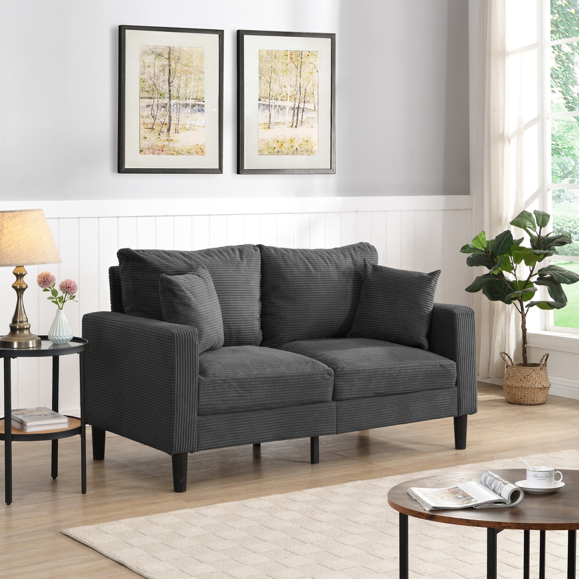 57" Loveseat Sofa Couch,Modern Upholstered Comfy Sofa with 2 Pillows for Living Room Bedroom Apartment Small Space,Dark Gray