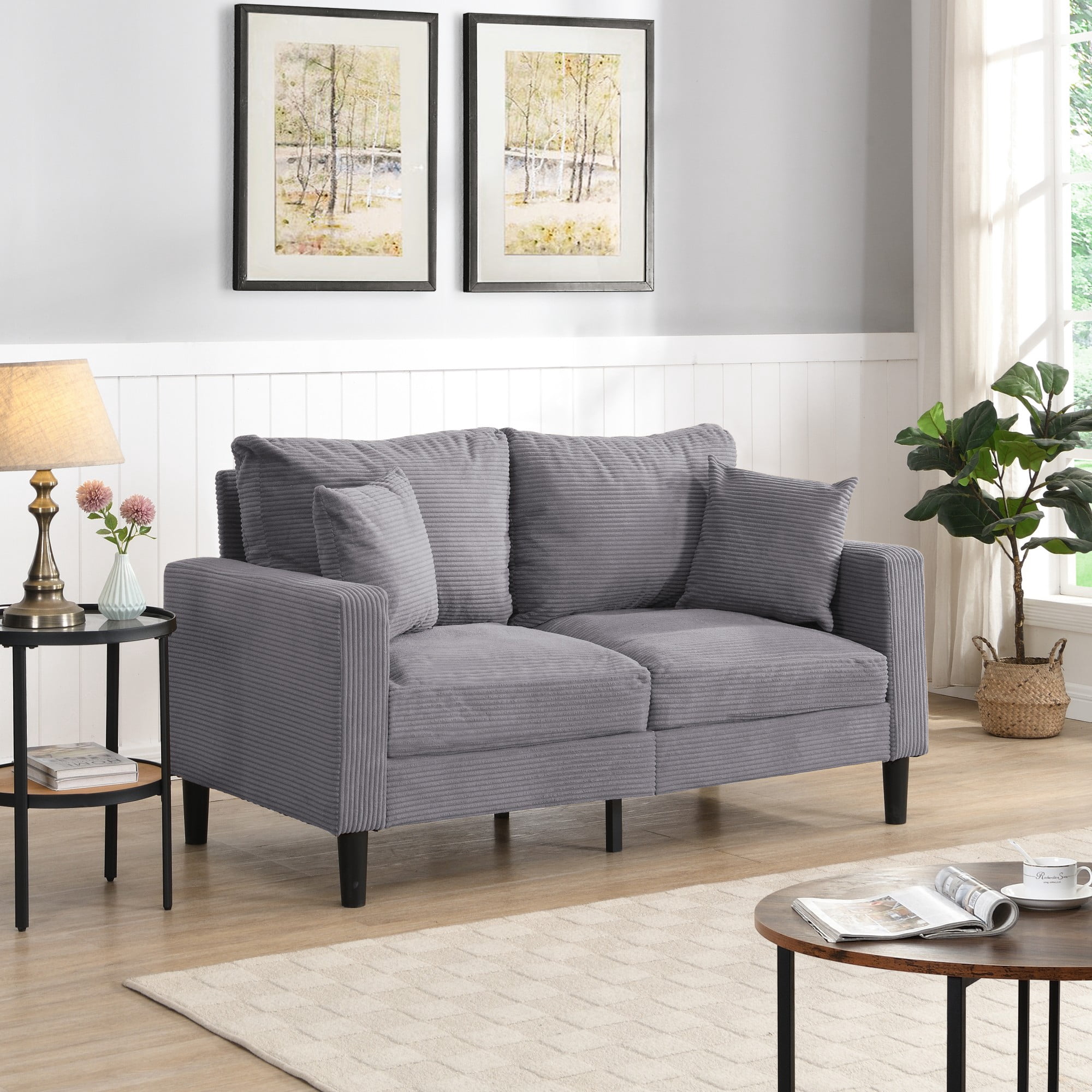 57" Loveseat Sofa Couch,Modern Upholstered Comfy Sofa with 2 Pillows for Living Room Bedroom Apartment Small Space,Light Gray