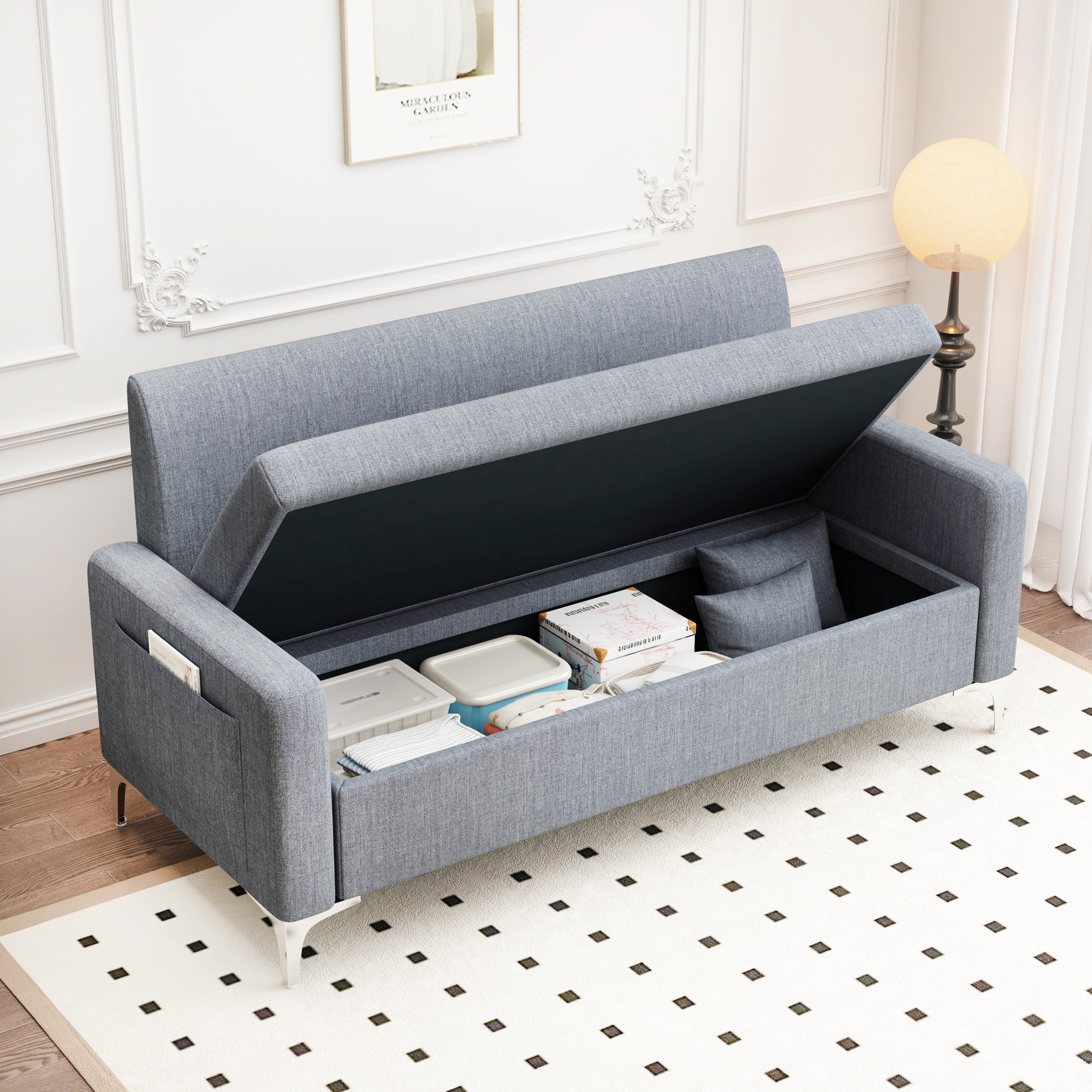 57 Multi functional Storage Loveseat Sofa Upholstered 2 Seat Sofa with Side Pockets for Living Room Bedroom Office Small Space Grey