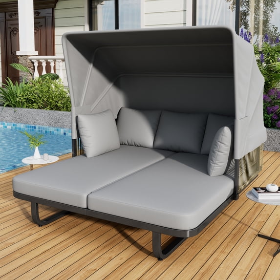 57" Outdoor Patio Daybed Rattan Daybed Outdoor Sunbed with Detachable Pillows for Patio, Backyard, Pool