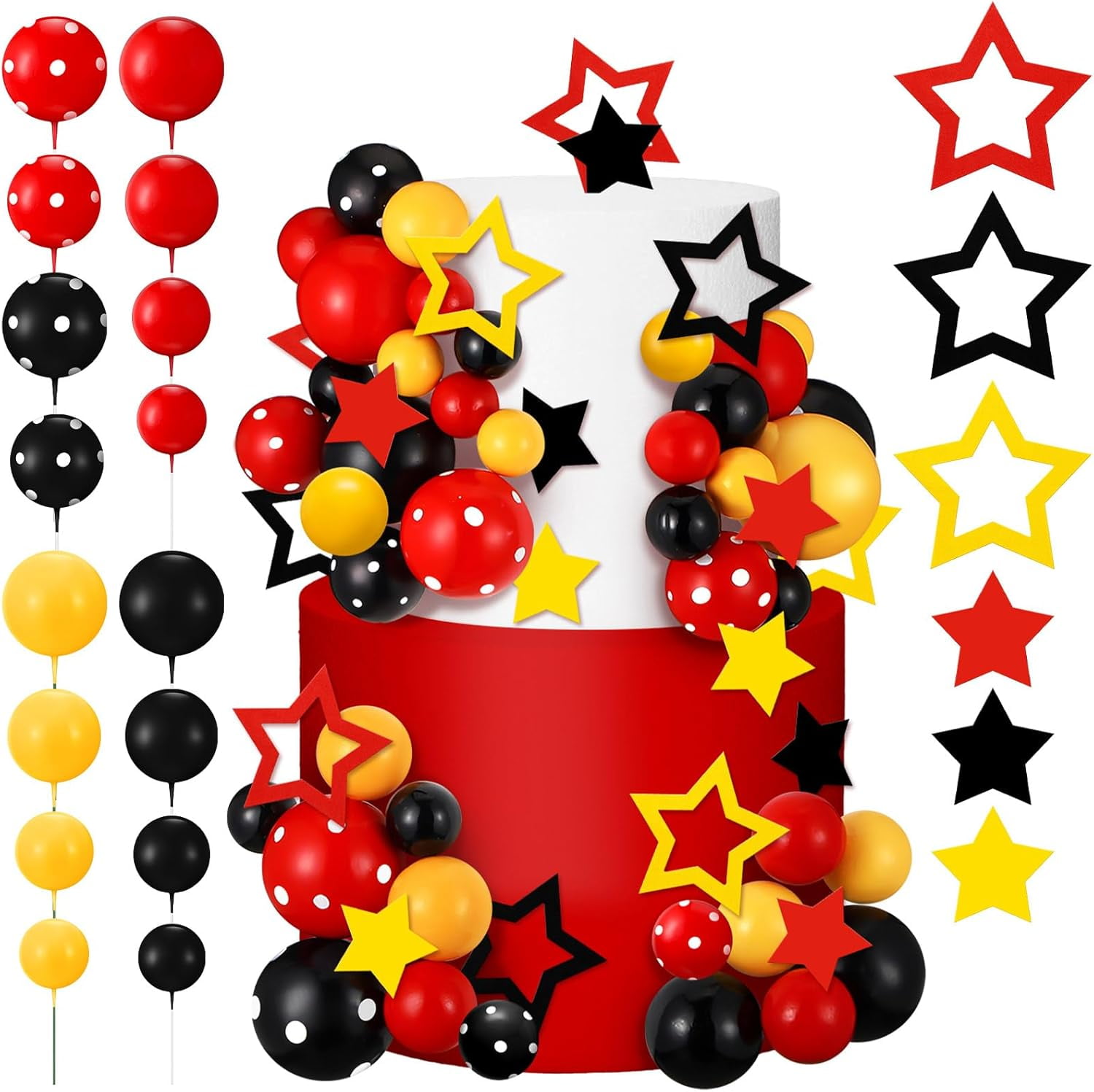 57 Pcs Black Red Yellow Ball Star Cake Topper Set Cartoon Cake ...