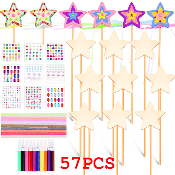 57 Pcs Star Shape Fairy Wands Kit DIY Art Craft Magical Wand Include 18 Star Wooden Fairy 9 Gem Stickers 20 Ribbons 10 Markers Party Supply