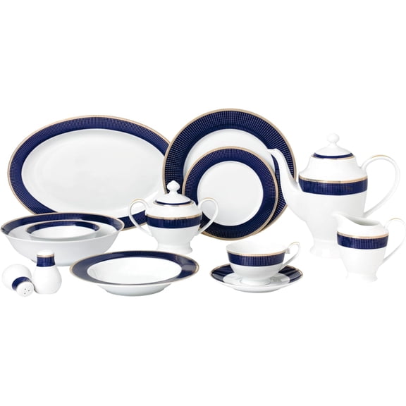 57 Piece Dinnerware Set-Bone China - Elegant Navy and Gold Design, Lightweight Yet Durable, Service for 8 people