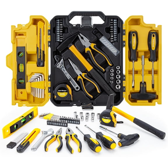 57-Piece Home Tool Kit, Household Essential Hand Set with Durable Plastic Toolbox, Perfect for Repair, Maintenance and DIY Projects, Yellow