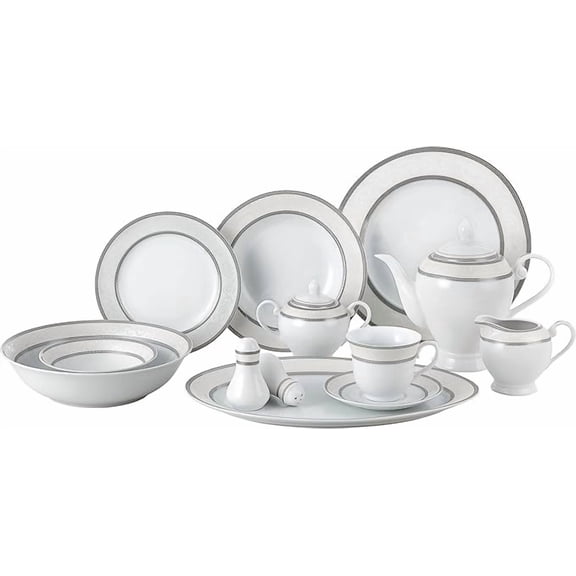57 Piece Silver Border Dinner Set Service for 8  Includes Plates, Bowls, Cups, Saucers, Teapot & Serving Pieces