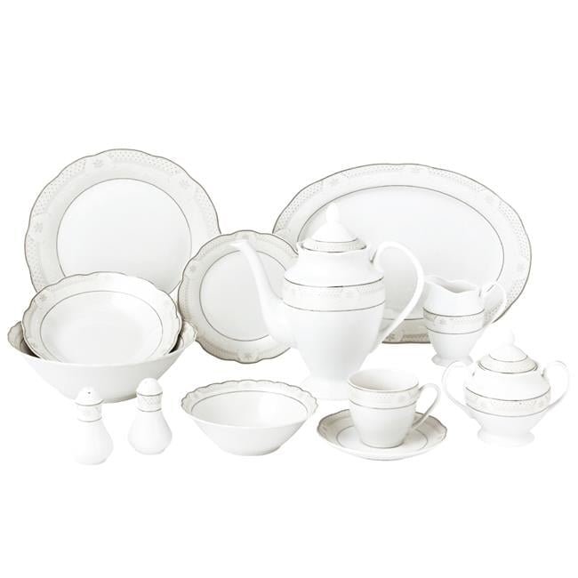 Elegant Silver Banded Porcelain Dinnerware Set for 8
