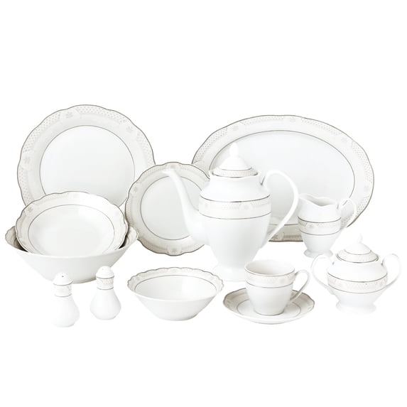 Atara 57 Piece Wavy Edge Porcelain Dinnerware Set, silver trim, service for 8