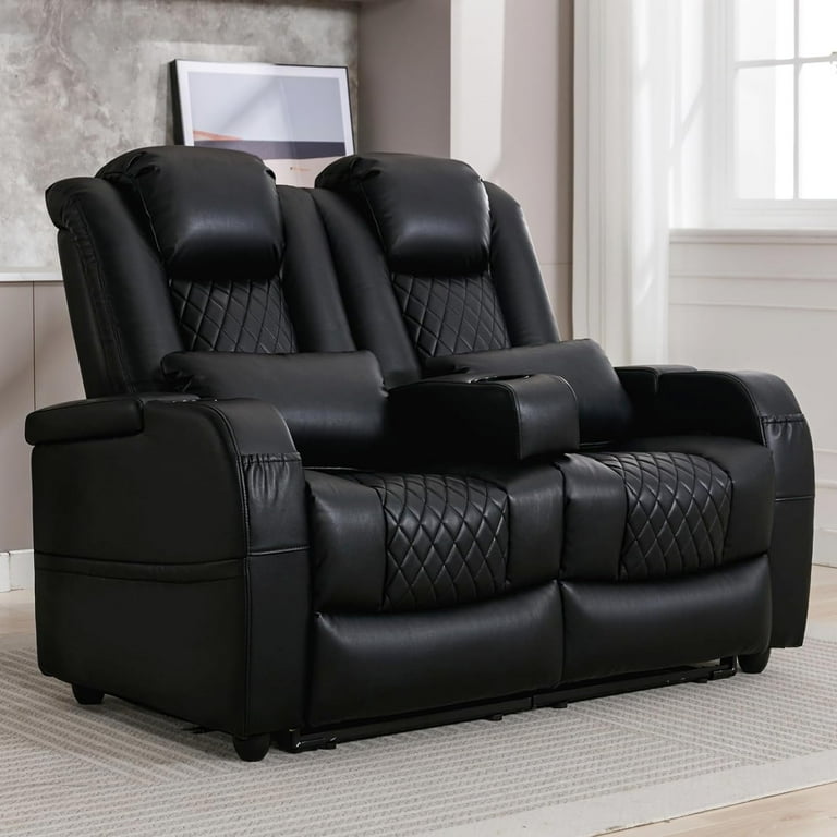 Black leather double recliner discount
