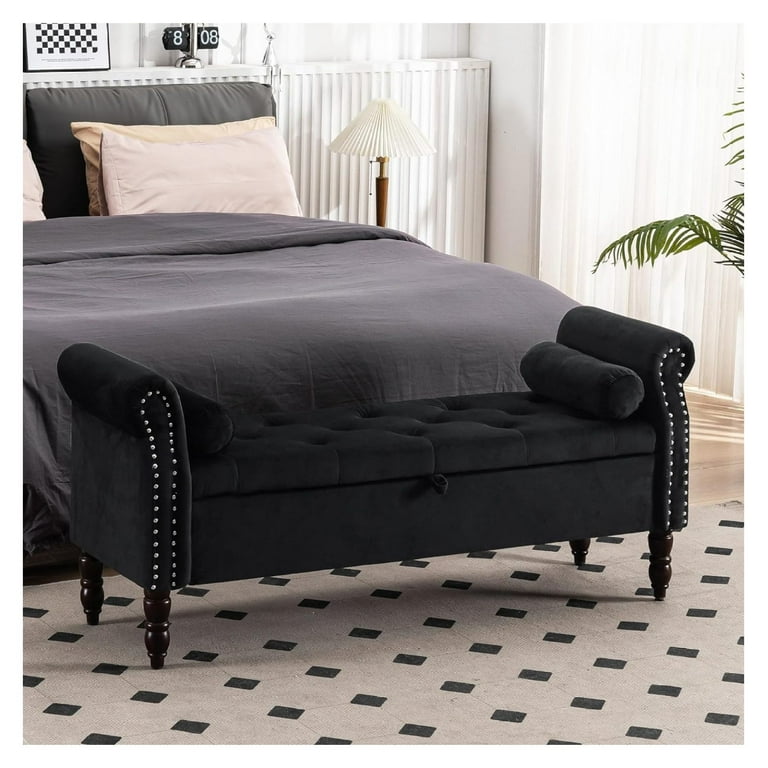 57 Storage Bench for Bedroom Button Tufted Storage Ottoman Bench with Rolled Armed Velvet Window Bench Seat with 2 Pillow and Solid Wood Legs for Entryway Living Room Black Walmart