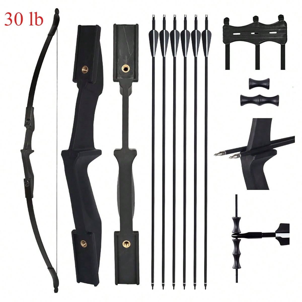 57" Takedown Recurve Bow and Arrow Set, Ambidextrous Youth Archery Long Bow Kit with 6Pcs 32" Fiberglass Arrows, 20/30/40lbs Draw Weight, Black for Beginner Teenagers Outdoor Practice