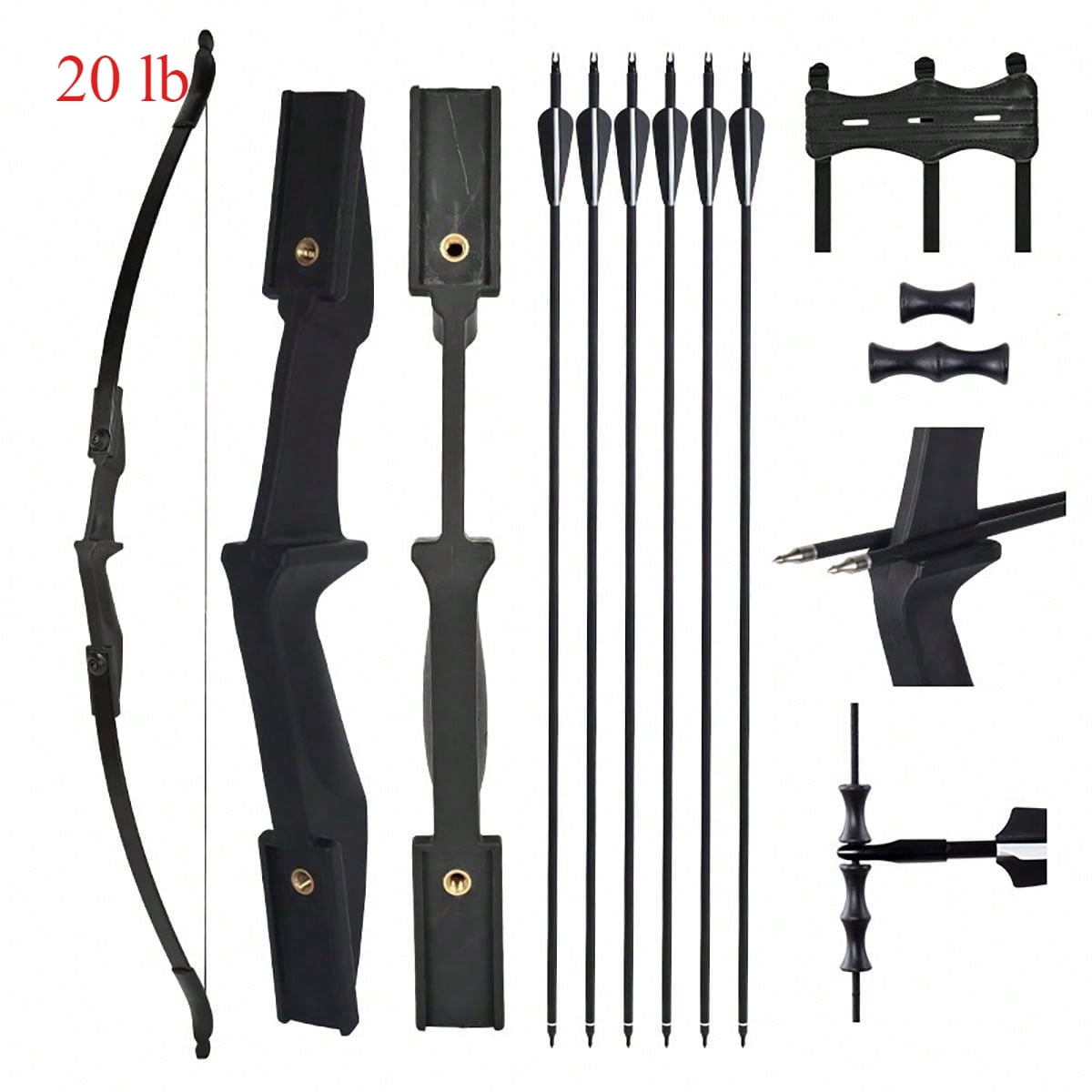 57" Takedown Recurve Bow and Arrow Set, Ambidextrous Youth Archery Long Bow Kit with 6Pcs 32" Fiberglass Arrows, 20/30/40lbs Draw Weight, Black for Beginner Teenagers Outdoor Practice