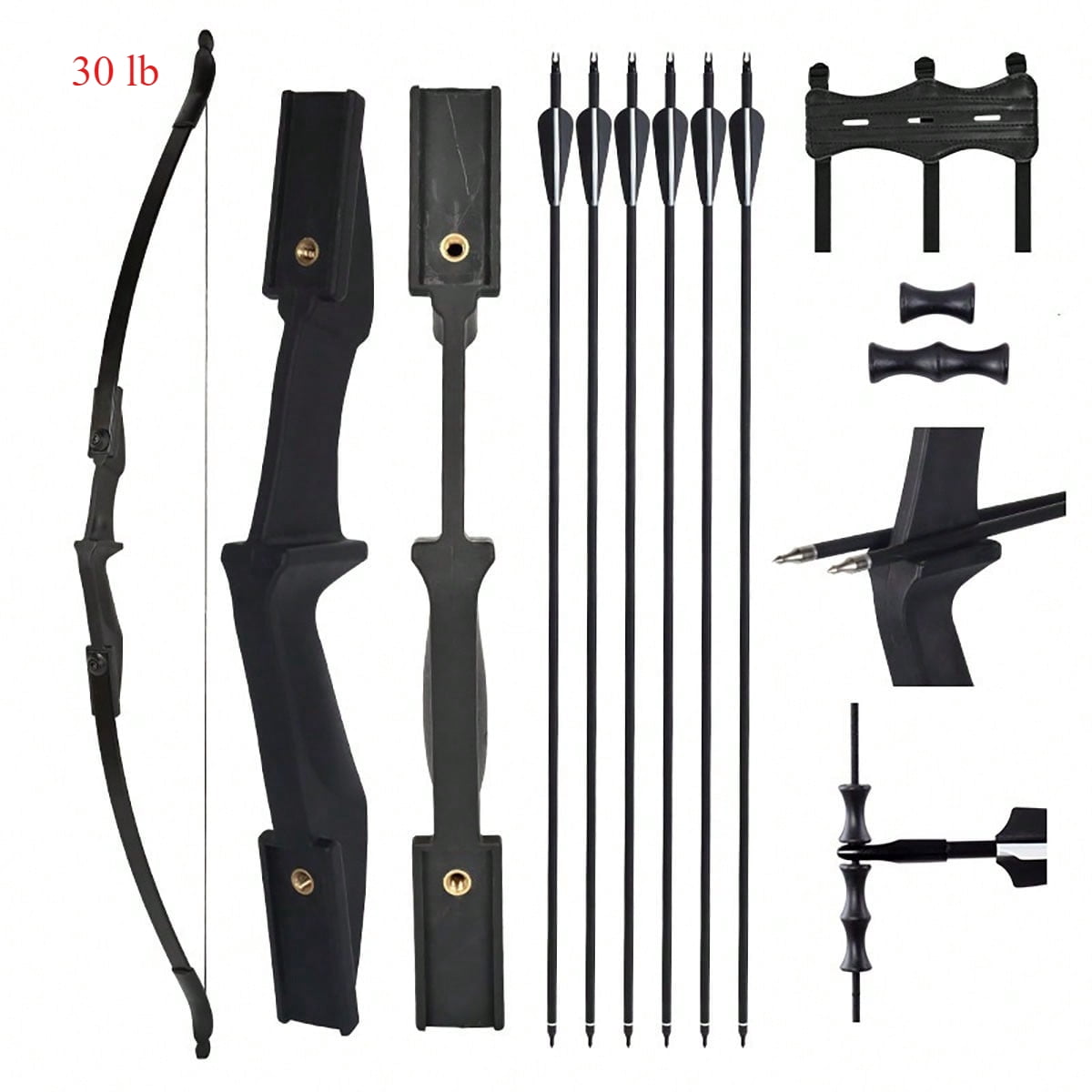 57" Takedown Recurve Bow and Arrow Set, Ambidextrous Youth Archery Long Bow Kit with 6Pcs 32" Fiberglass Arrows, 20/30/40lbs Draw Weight, Black for Beginner Teenagers Outdoor Practice