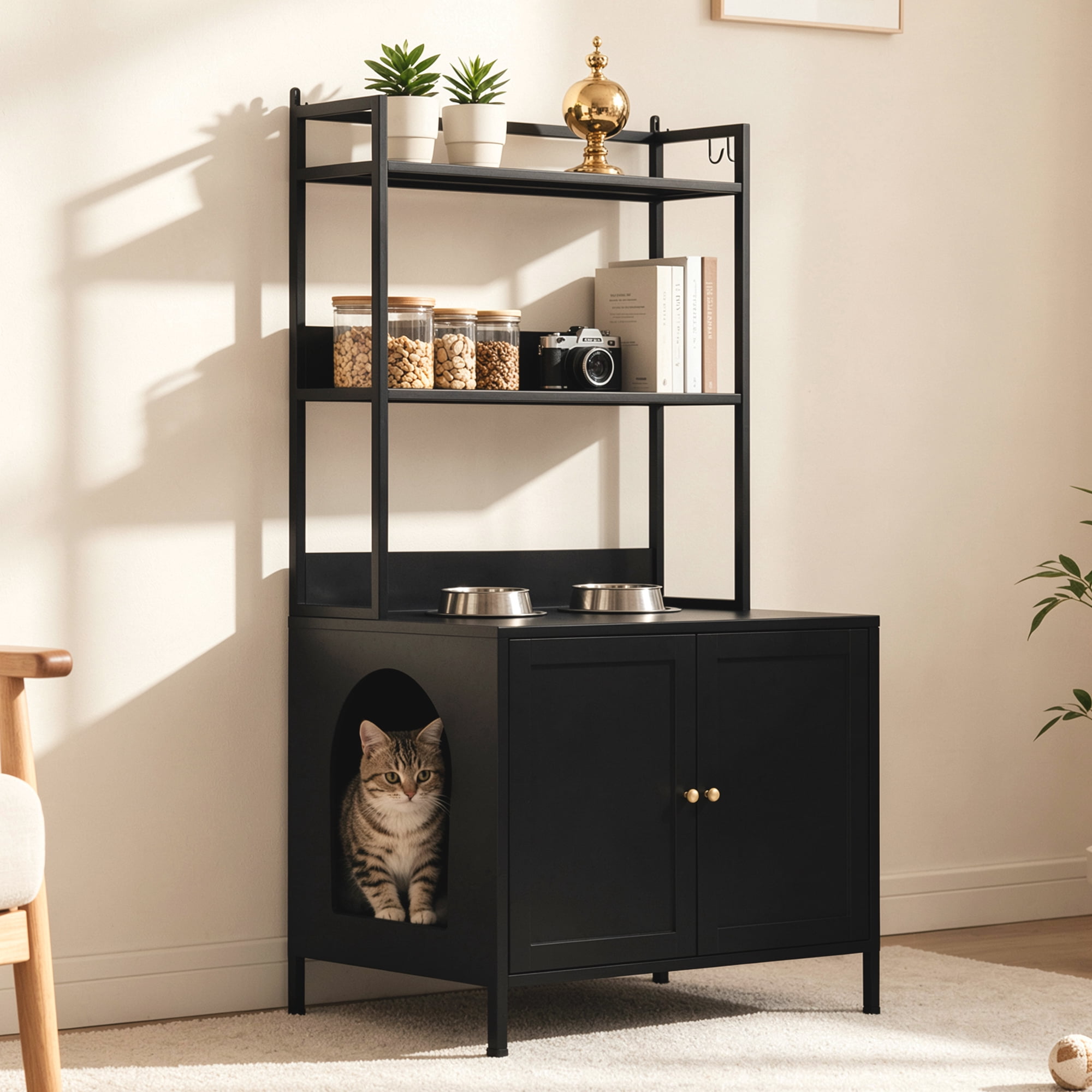 57" Tall Black Metal Cat Litter Box Enclosure, Hidden Litter Box Cabinet with 3-Tier Shelves, Doors & 4 S-Hooks, Odor Control Pet House for Large Cats