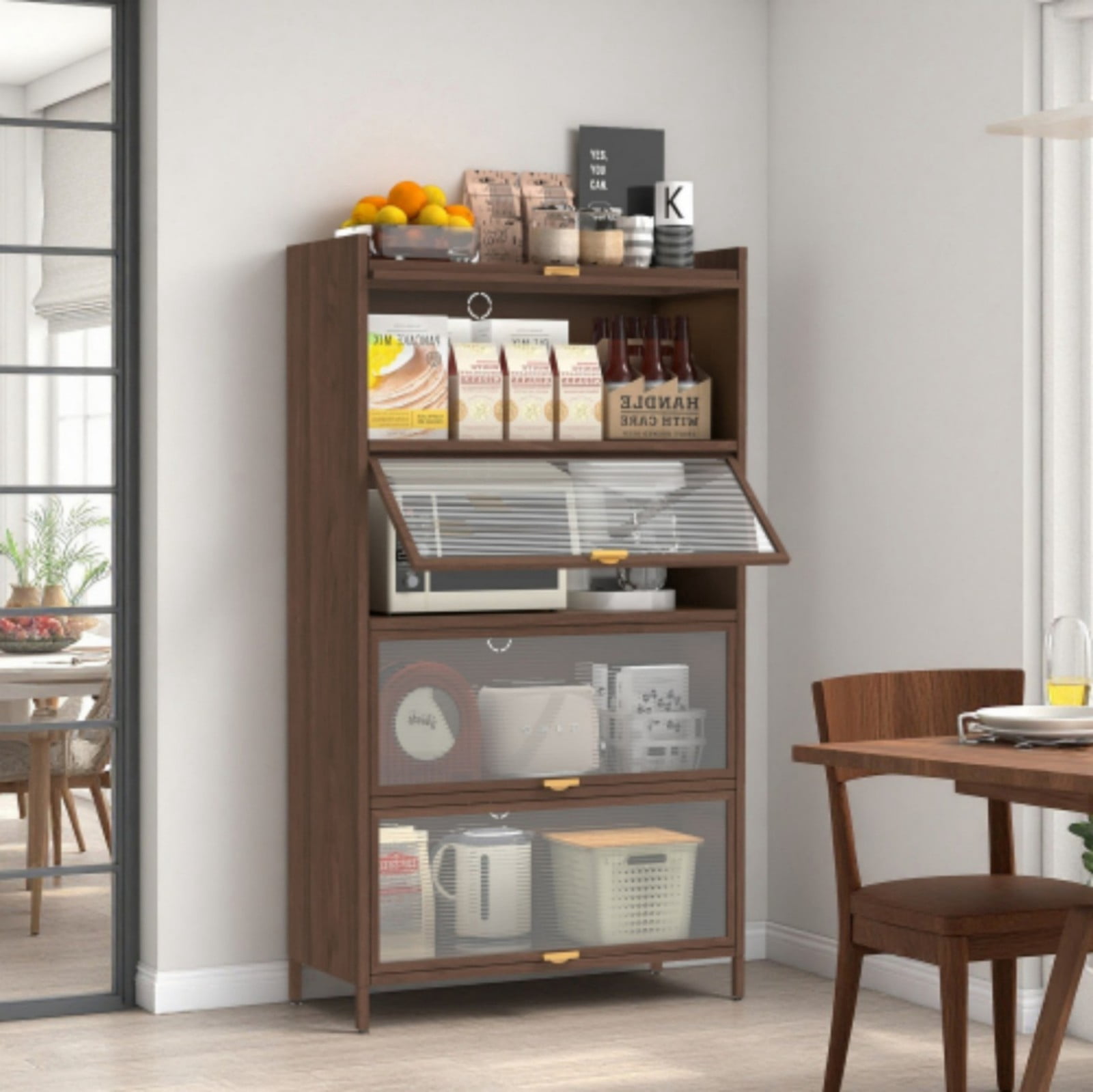 57" Tall Metal Storage Cabinet with 4 Flip Doors, Steel Freestanding Organizer with Ample Storage for Office Bedroom Living Room, Walnut