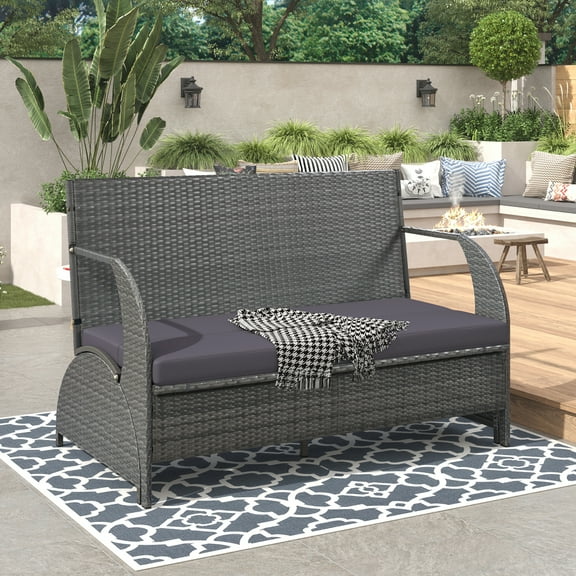 57" Versatile Outdoor Loveseat That Converts To Four Seats And A Table, For Garden, Lawn, Gray