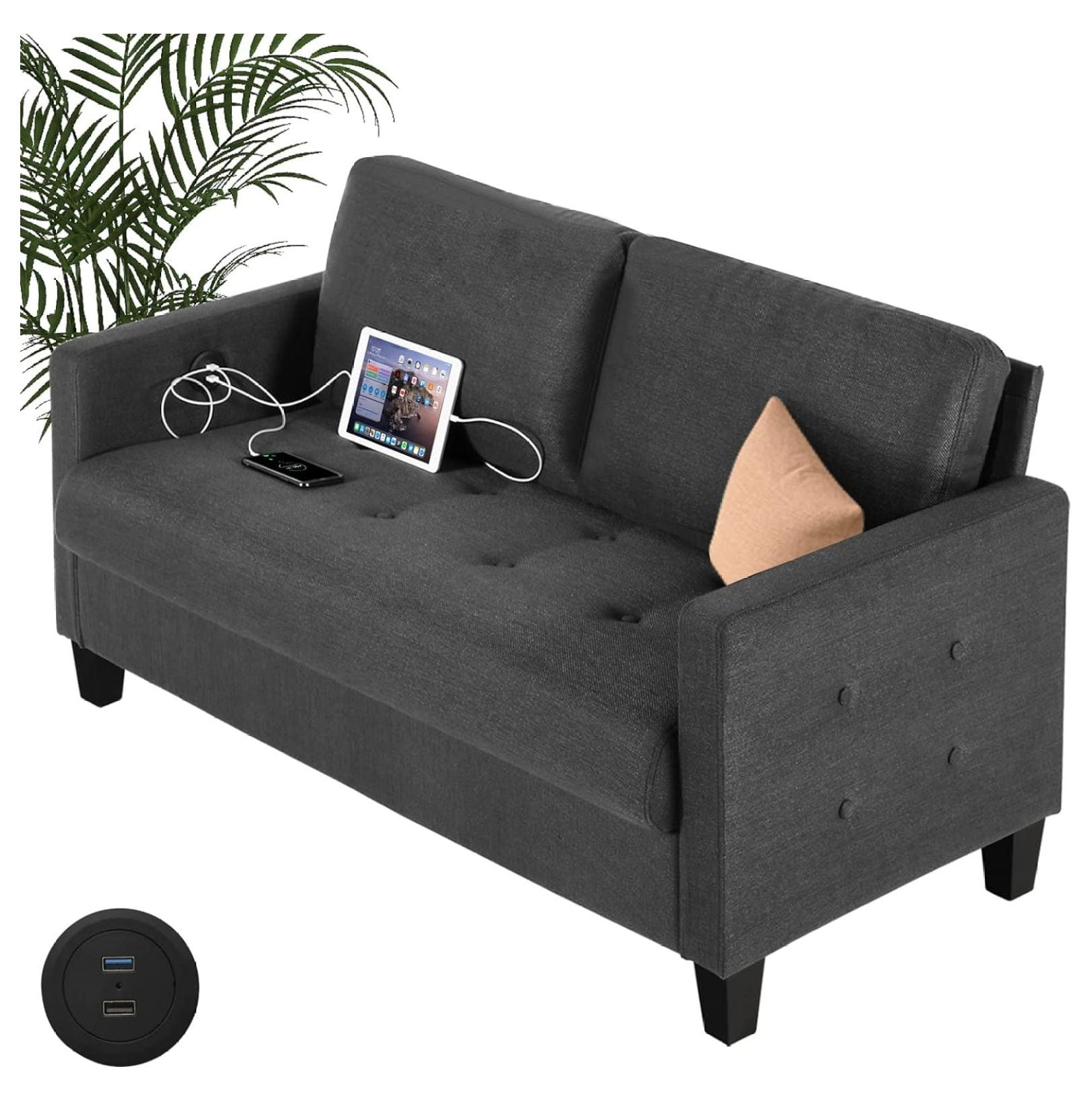 57" W Loveseat Sofa Couch w/ 2 USB Charging Ports, Century Modern