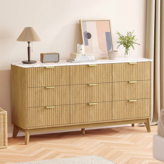 57" Wooden Buffet Cabinet With Faux Marble Top & Fluted Chest Of Drawers With Curved Edges