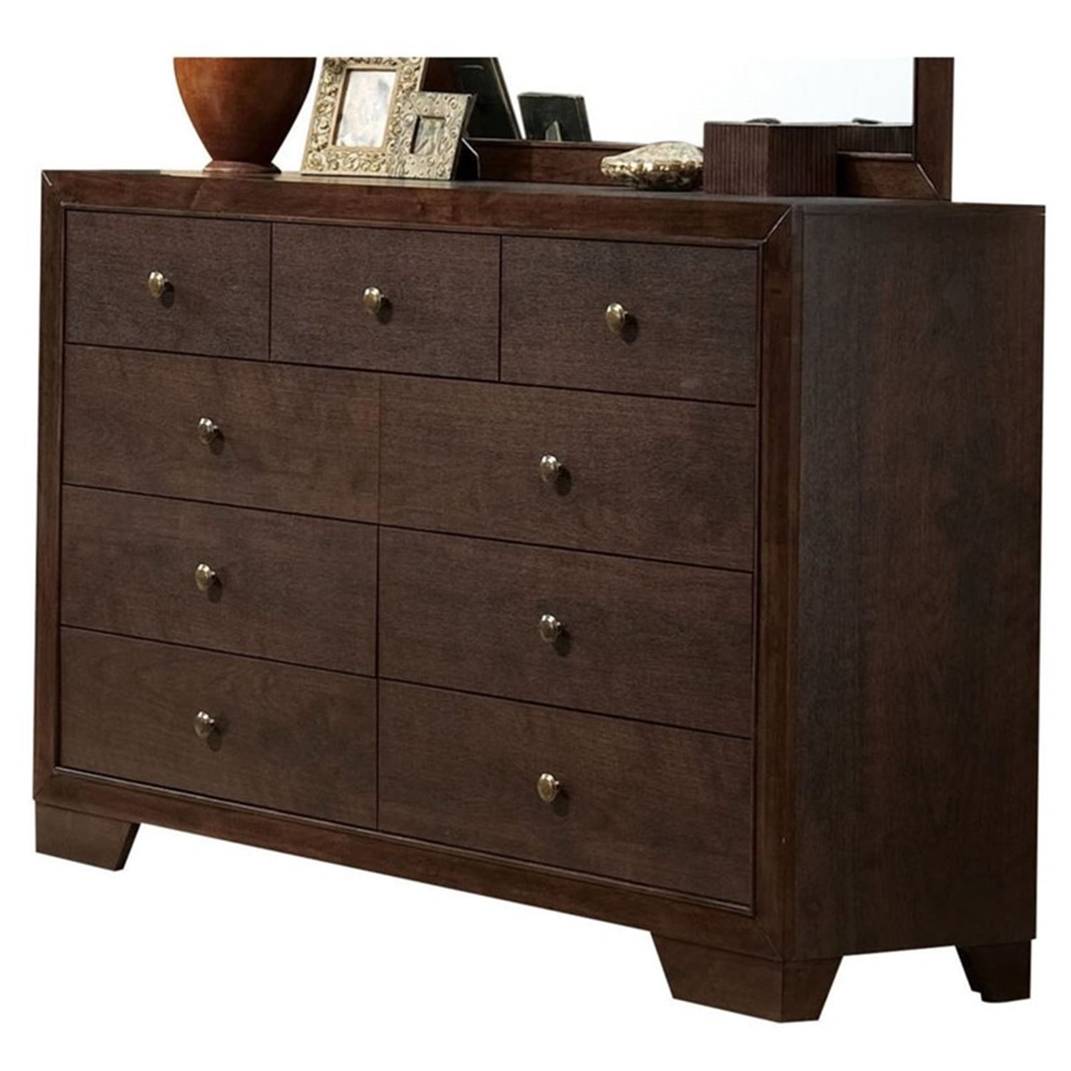Espresso Wood Double Dresser with Mirror and Felt Lined Drawers
