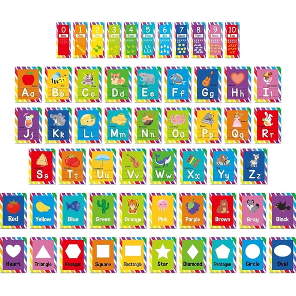 57 count Alphabet Number Bulletin Board ABC Letters Posters Cards Alphabet Wall Chart Number Line Colors Shapes Poster for Decor(Diagonal Stripes)