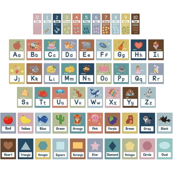 57 count Alphabet Number Bulletin Board ABC Letters Posters Educational Learning Cards Alphabet Wall Chart Number Line Colors Shapes Poster for Classroom Decor(Boho Classic)
