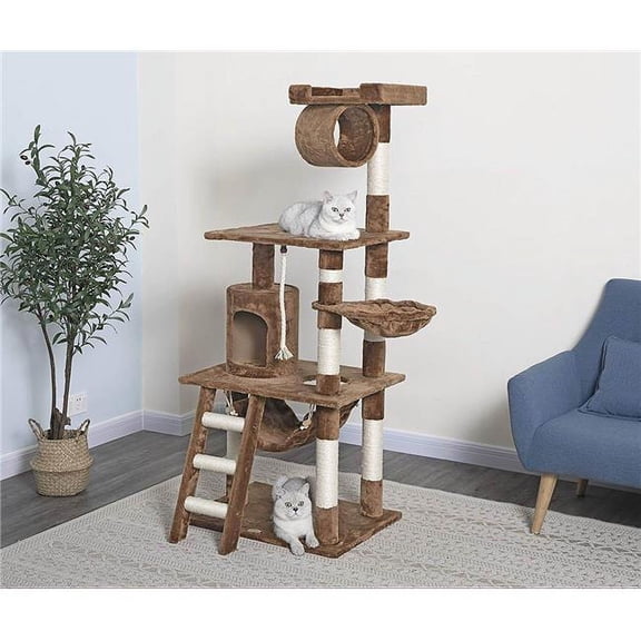 57 in. Brown Cat Tree Condo Scratching Post, 3 Platform