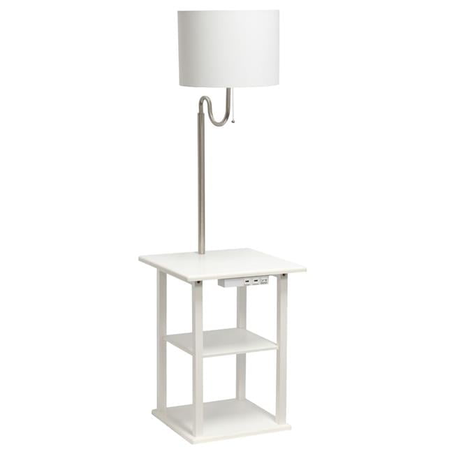 57 in. Modern 2 Tier End Table & White Drum Fabric Shade Floor Lamp with 2 x USB Charging Ports & Power Outlet, White