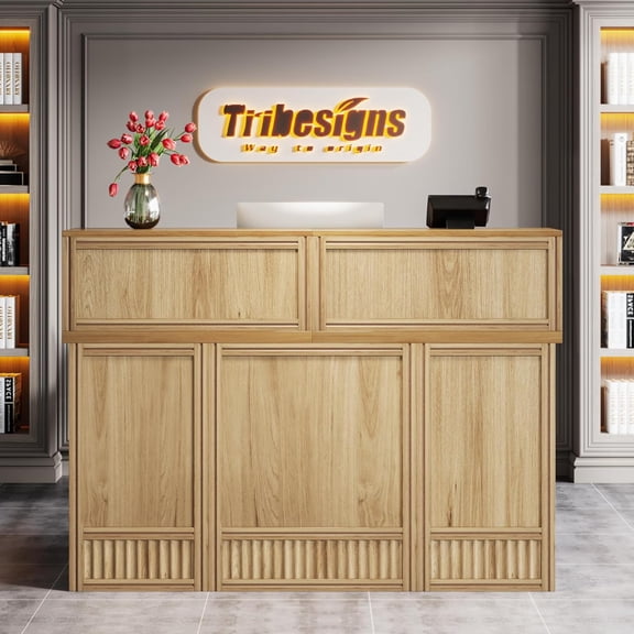 57-inch Reception Desk with Counter, Front Receptionist Table, Boho Welcome Desk Checkout Counter for Office, Retail, Lobby, Beauty Salon