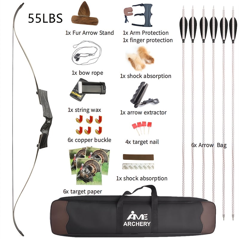 57 inch detachable recurve bow wooden 20-55 pound bow for outdoor archery, exquisite hunting bow set for right hand use