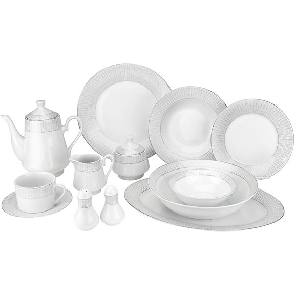 57-pc Bone China Porcelain Dinnerware Set w/ Ornamented Rims, Super White Elegant Dinner Set, Dinner Plates, Soup Plates, Salad Plates, Creamer, Teapot, Tea Cups and Saucers, Set for 8