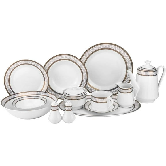 57-pc Bone China Porcelain Dinnerware Set w/ Ornamented Rims, Super White Elegant Dinner Set, Dinner Plates, Soup Plates, Salad Plates, Creamer, Teapot, Tea Cups and Saucers, Set for 8