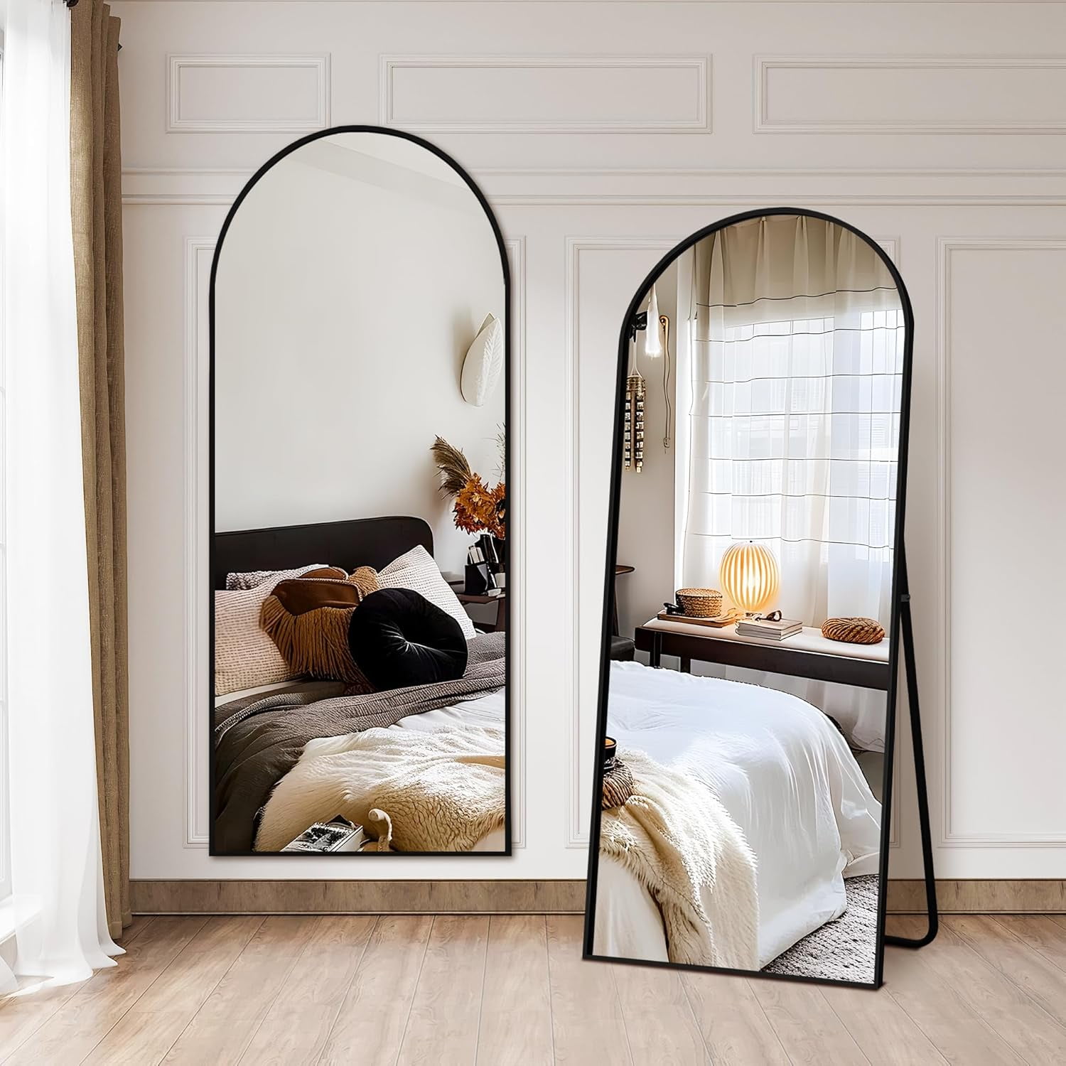 57"x 20" Arched Full Length Black Body Mirror with Stand, Aluminum ...