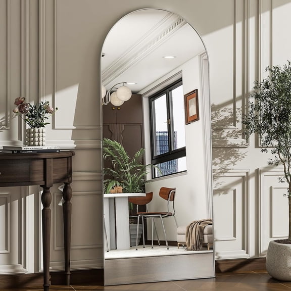 57" x 20" Silver Arched Full-Length Mirror  Floor-Standing or Wall-Mounted, Aluminum Frame, Modern Polished Finish
