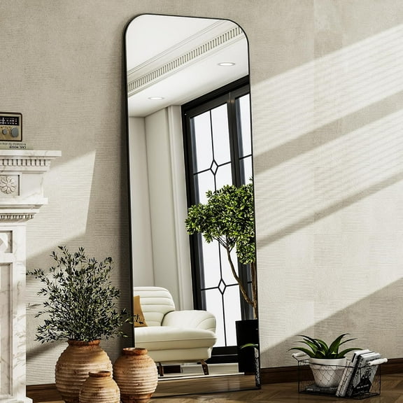 57"x20" Full Length Mirror Full Body Mirror Top Rounded Corner Aluminum Frame Hanging or Leaning Wall Floor Mirror with Stand for Living Room Bedroom Cloakroom,Black