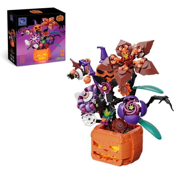 570 PCS Midnight Pumpkin Halloween Bouquet Building Toys Set with LED Light, Gothic Flower Building Blocks, Spooky Room Halloween Decor Desk Jack-o'-lantern for DIY Collectible Gift, Age7+