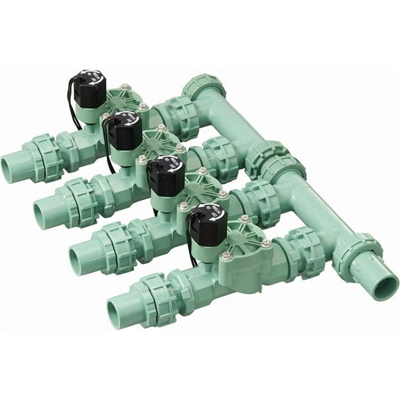 57257 4-Valve Preassembled Sprinkler Manifold Easy Install, Smart Controller Compatible, Works with PVC & Poly Pipe, Includes 4 in-Line Valves
