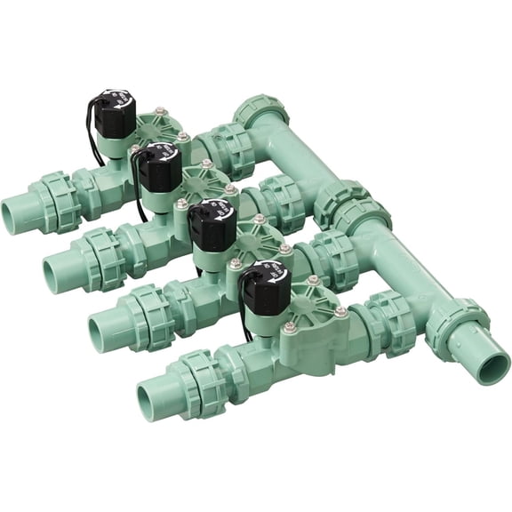 57257 4-Valve Preassembled Sprinkler Manifold Easy Install, Smart Controller Compatible, Works with PVC & Poly Pipe, Includes 4 in-Line Valves