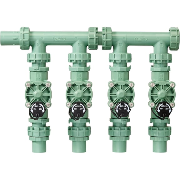 57257 4-Valve Preassembled Sprinkler Manifold - Easy Install, Smart Controller Compatible for PVC & Poly Pipe with 4 In-Line Valves