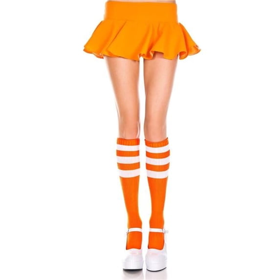 5726-NEON ORANGE-WHI Acrylic Knee High Socks with Striped Top, Neon Orange & White