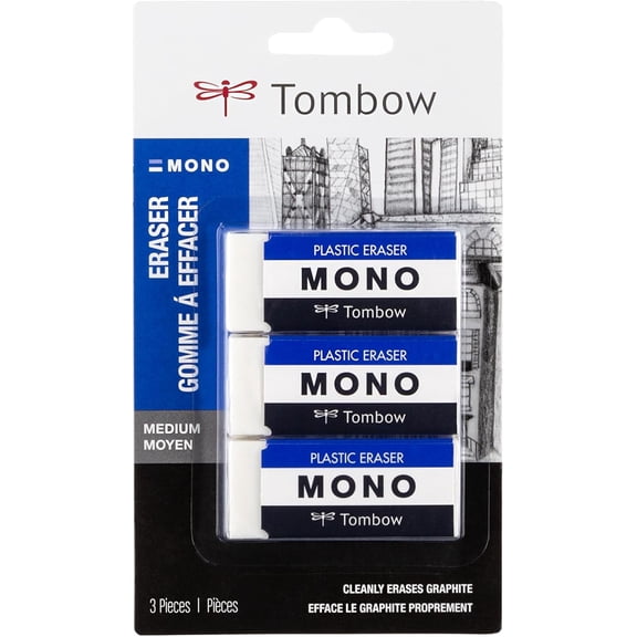 57324 MONO Eraser, White, Medium, 3-Pack. Cleanly Removes Marks Without Damaging Paper