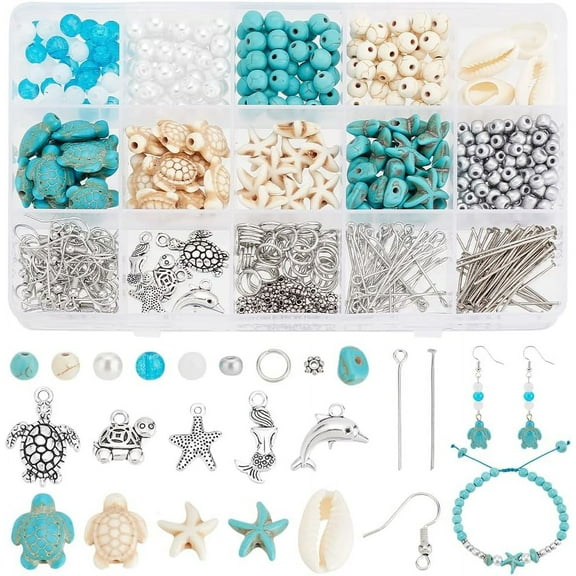 575pcs Turquoise Turtle Beads Ocean Beads Charms Jewelry Making Kit Starfish Seashell Beads Charms Tortoise Mermaid Pendants for Summer Beach Necklace Earring Bracelet Anklet Making DIY